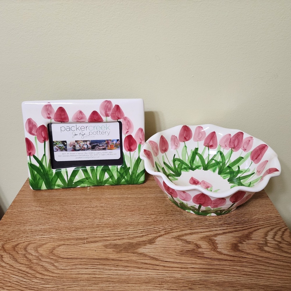 Jan Pugh Packer Creek Pottery Tulips Ruffled Edge Bowl & Picture Frame Signed